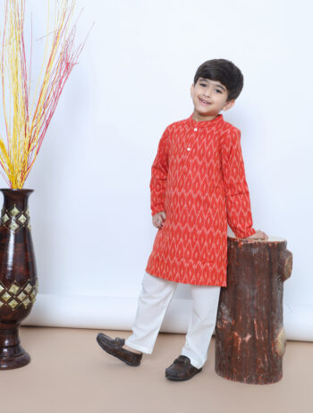 Fiery Festive Red Ikat Kurta Set for Boys