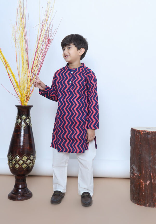 Zig-Zag Charm Navy Pink Kurta Set for Boys