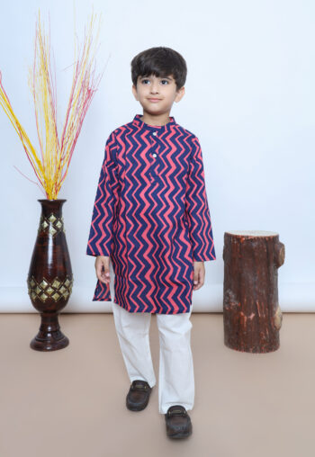 Zig-Zag Charm Navy Pink Kurta Set for Boys
