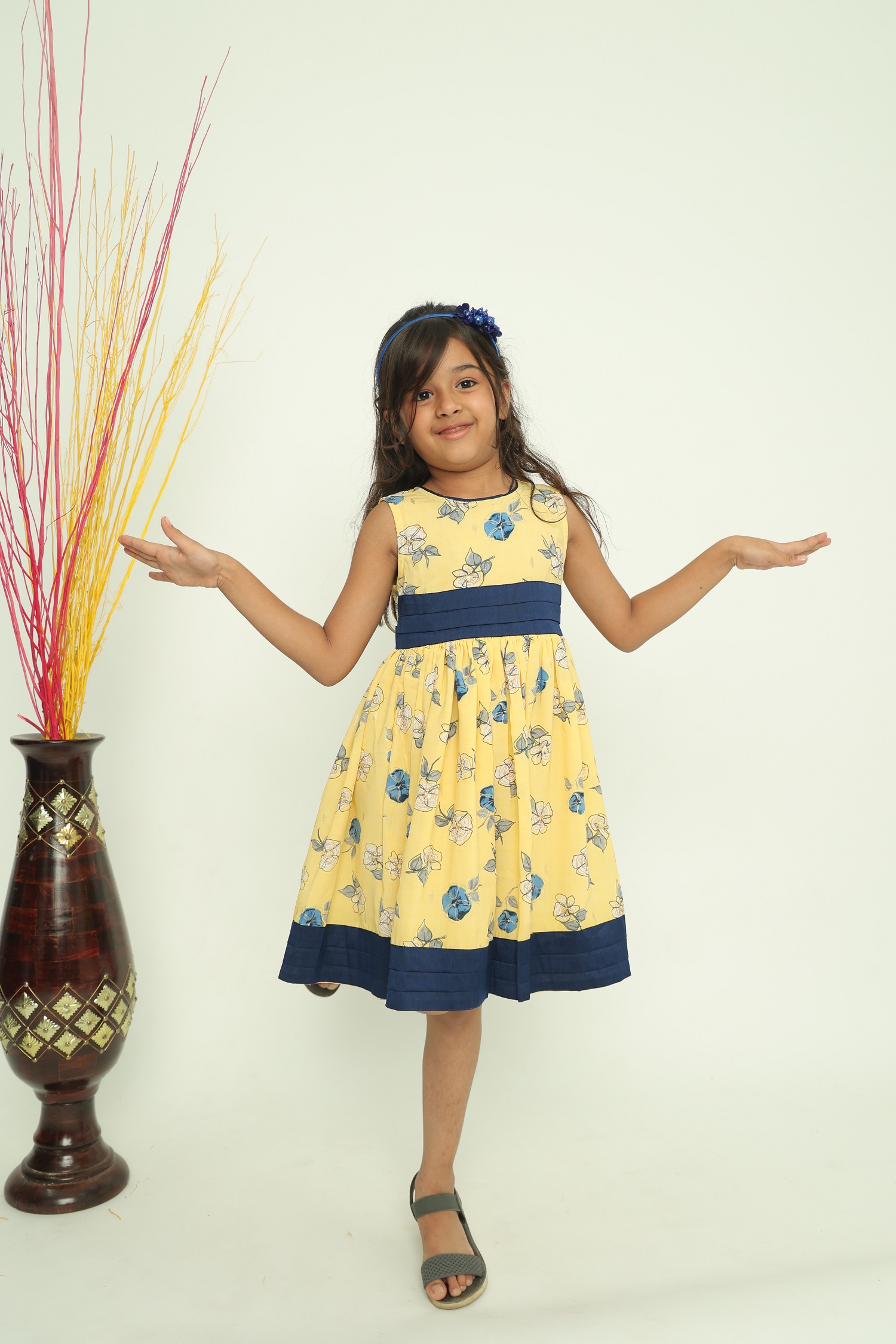 Yellow Floral Dress with Navy Blue Waistband for Girls Yellow Floral Dress with Navy Blue Waistband for Girls