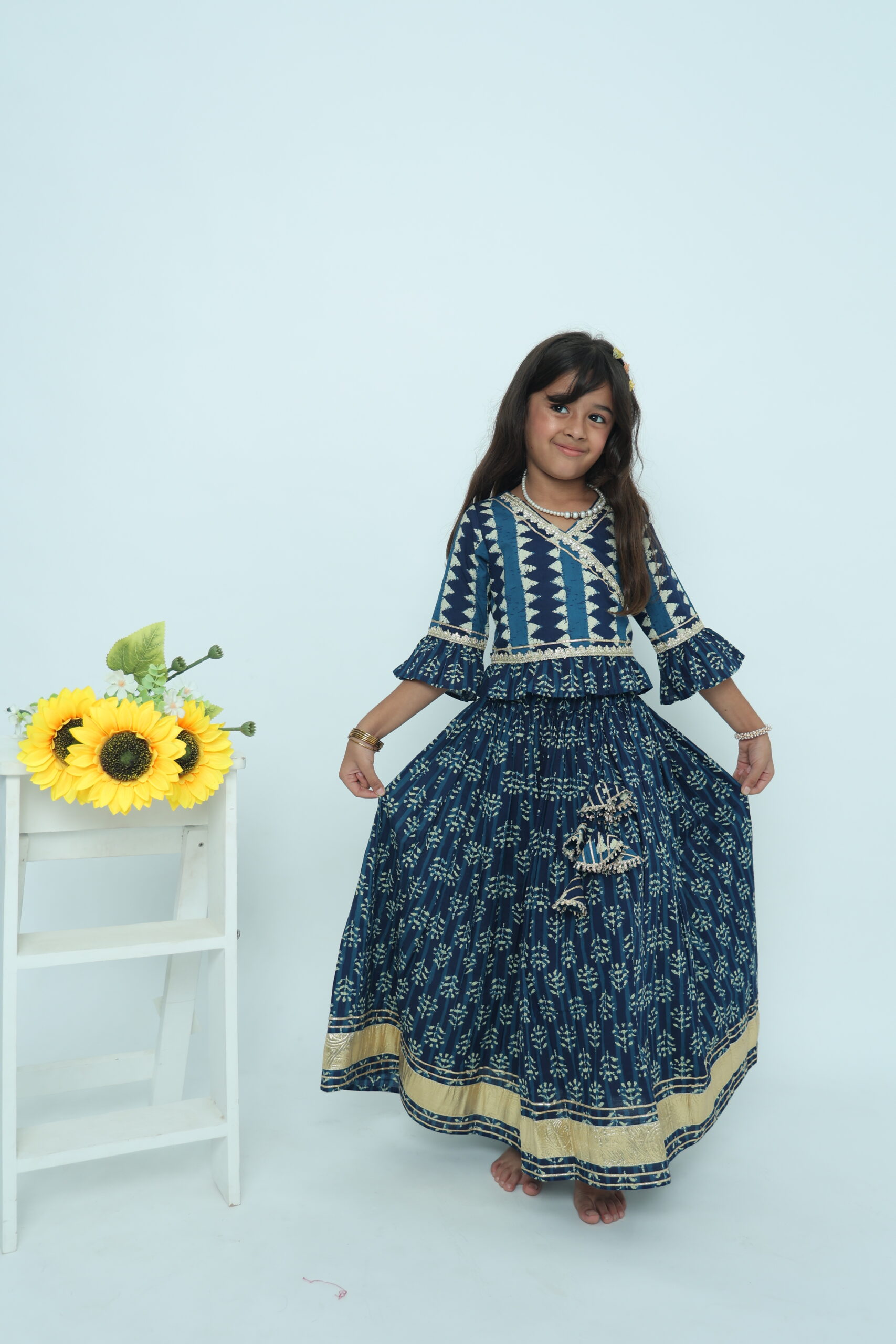 Girls' Indigo Ethnic Printed Gown with Tassel Detailing Girls' Indigo Ethnic Printed Gown with Tassel Detailing