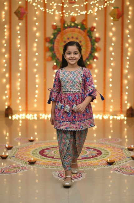 Girls Ethnic Wear Kurti & Dhoti Pant Set – Pink & Blue