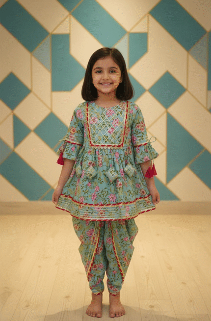 Girls Ethnic Wear Kurti & Dhoti Pant Set – Blue & Pink