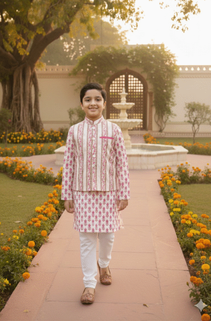 Boy Pure Cotton Kurta Pajama Jacket Set – Light Pink