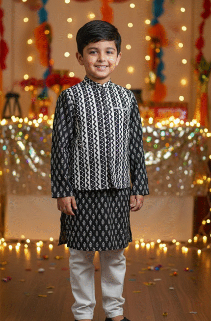 Boy Cotton Kurta Pajama Jacket Set – Black
