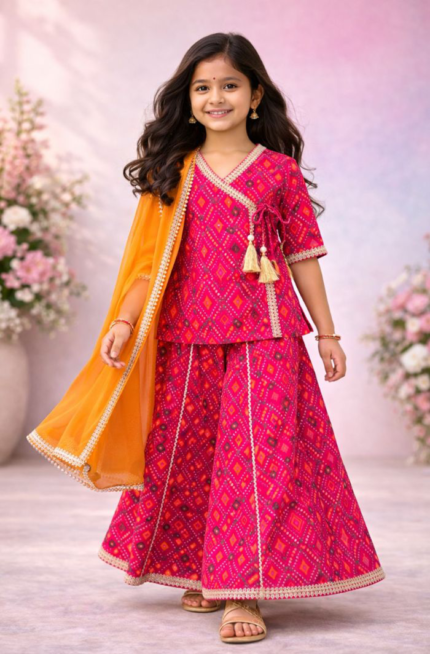 Girls Angrakha Kurti Palazzo with Dupatta Set