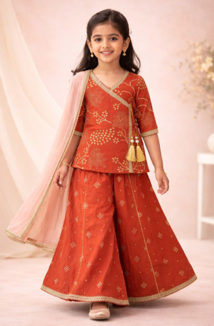 Girl wearing rust orange Angrakha kurti palazzo set with dupatta in Cotton festive ethnic wear for kids