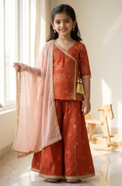 Girl wearing rust orange Angrakha kurti palazzo set with dupatta in Cotton festive ethnic wear for kids