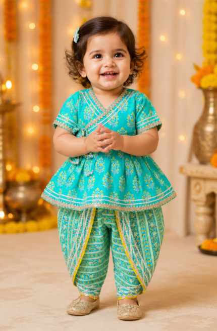 Baby girl ethnic kurti dhoti set turquoise blue cotton outfit
