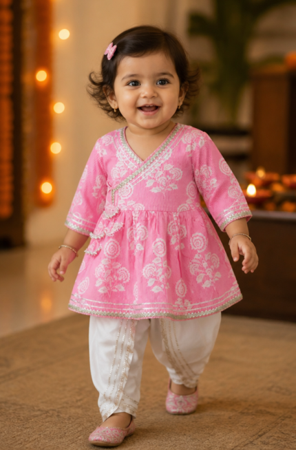 Infant Girls Cotton Kurti Dhoti Set – pink and white