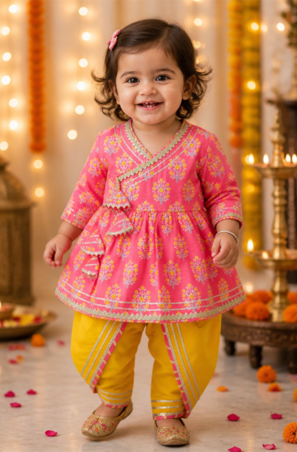 Baby Girls Pink & Yellow Ethnic Dhoti Set