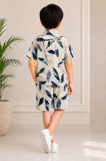 Pure Cotton White Blue Printed Boys Co-ord Set – Casual Summer Wear