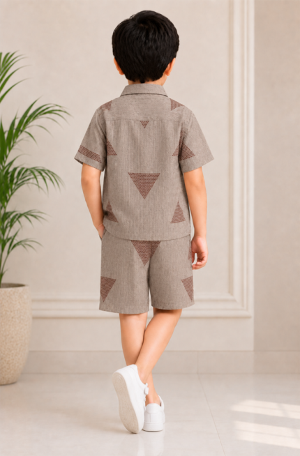 Pure Cotton Grey Brown Printed Boys Co-ord Set – Casual Summer Wear