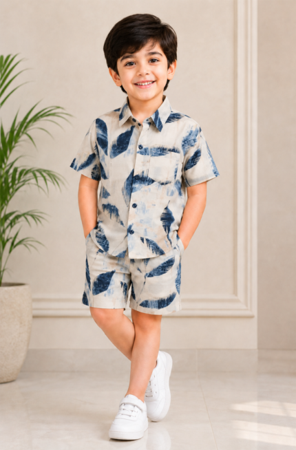 Pure Cotton White Blue Printed Boys Co-ord Set – Casual Summer Wear