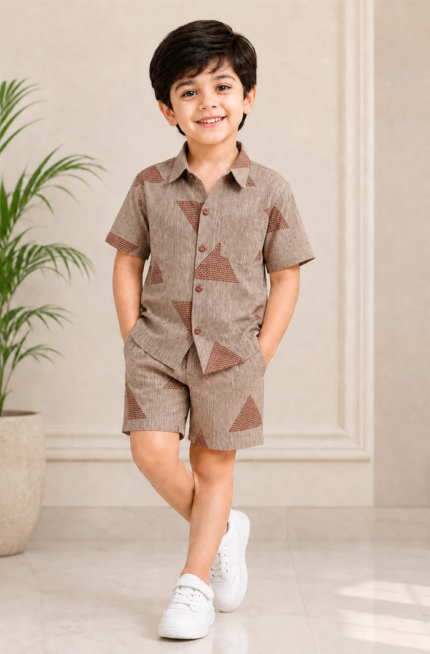 Pure Cotton Grey Brown Printed Boys Co-ord Set – Casual Summer Wear