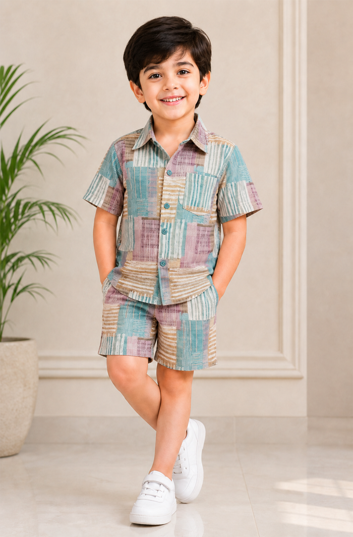 front Pure Cotton Checked Print Boys Short Set – Casual Summer Wear