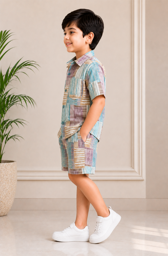side Pure Cotton Checked Print Boys Short Set – Casual Summer Wear