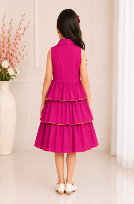 Fuchsia Elephant Embroidered Tiered Frill Frock for Girls | Pure Cotton