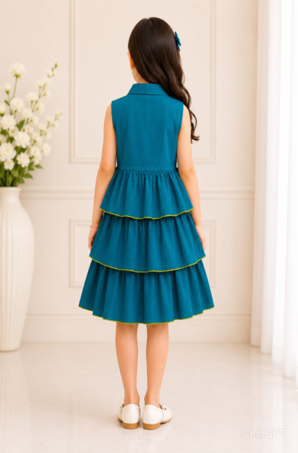 Teal Elephant Embroidered Tiered Frill Frock for Girls | Pure Cotton