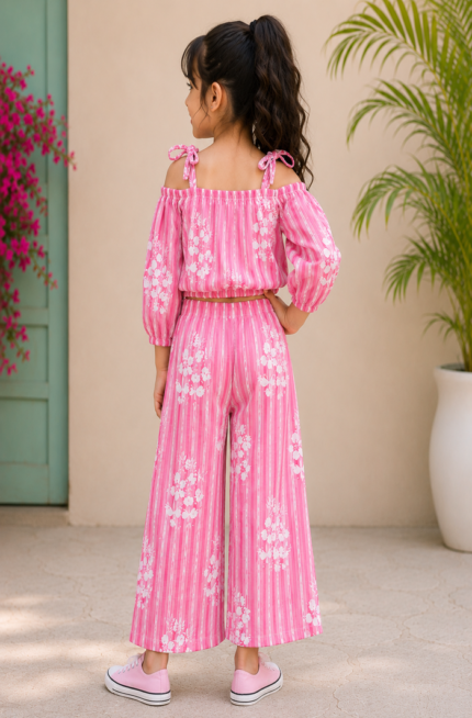 Pink Floral Stripe Cold-Shoulder Top with Palazzo Pants Set for Girls | Pure Cotton