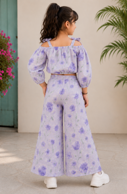 Lavender Floral Cold-Shoulder Top with Palazzo Pants Set for Girls | Pure Cotton