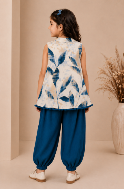 White & Navy Blue Printed Sleeveless Kurti with Afghani Pant Set for Girls