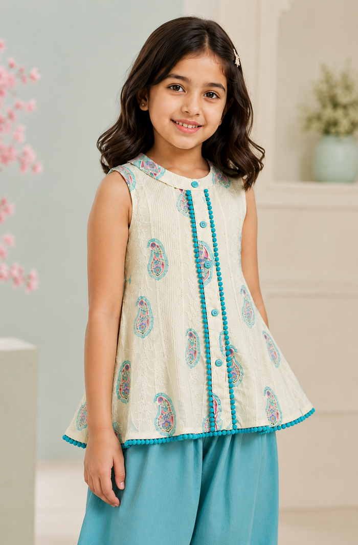 CLOSE UP White Paisley Printed Sleeveless Kurti with Turquoise Afghani Pant Set for Girls | Pure Cotton