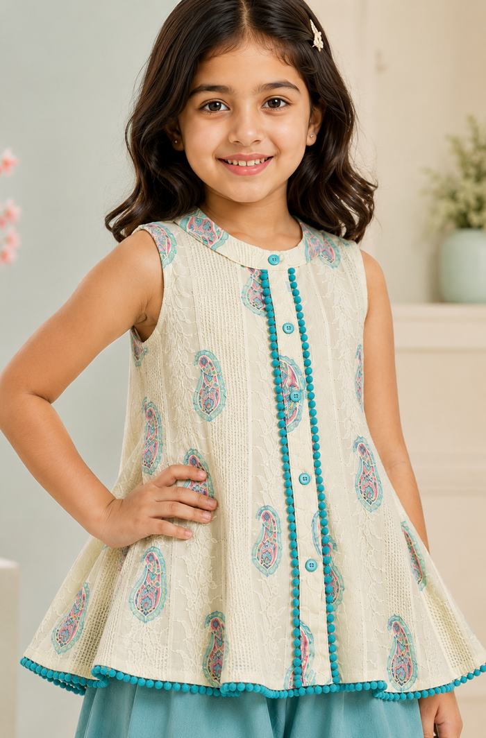 CLOSEUP White Paisley Printed Sleeveless Kurti with Turquoise Afghani Pant Set for Girls | Pure Cotton