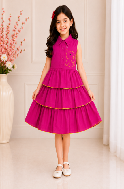 Fuchsia Elephant Embroidered Tiered Frill Frock for Girls | Pure Cotton