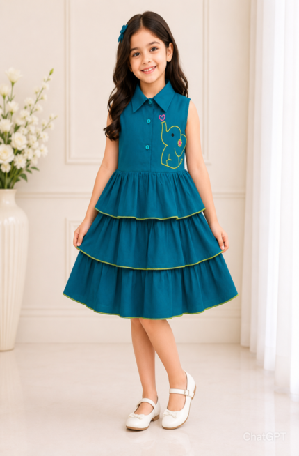 Teal Elephant Embroidered Tiered Frill Frock for Girls | Pure Cotton