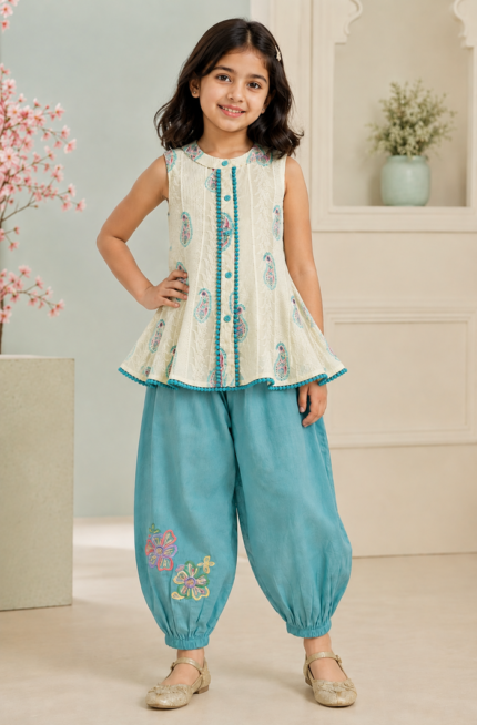 White Paisley Printed Sleeveless Kurti with Turquoise Afghani Pant Set for Girls | Pure Cotton