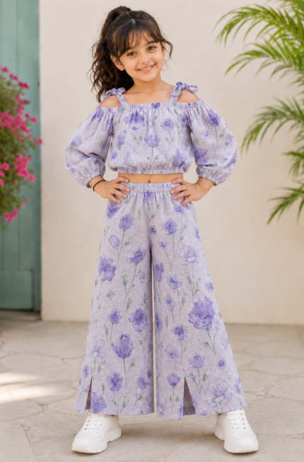 Lavender Floral Cold-Shoulder Top with Palazzo Pants Set for Girls | Pure Cotton