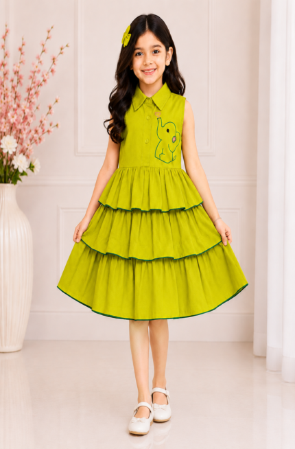 Lemon Yellow Elephant Embroidered Tiered Frill Frock for Girls | Pure Cotton