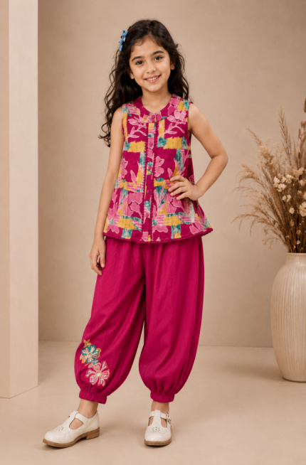 Maroon Floral Printed Sleeveless Kurti with Afghani Pant Set for Girls | Pure Cotton