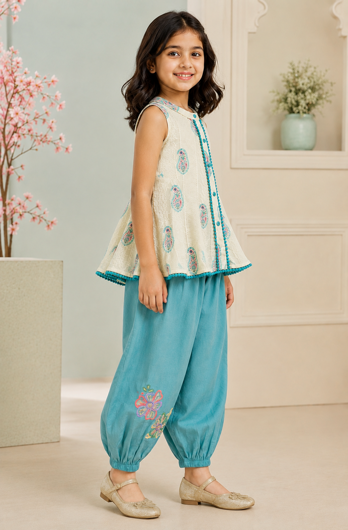 SIDE White Paisley Printed Sleeveless Kurti with Turquoise Afghani Pant Set for Girls | Pure Cotton