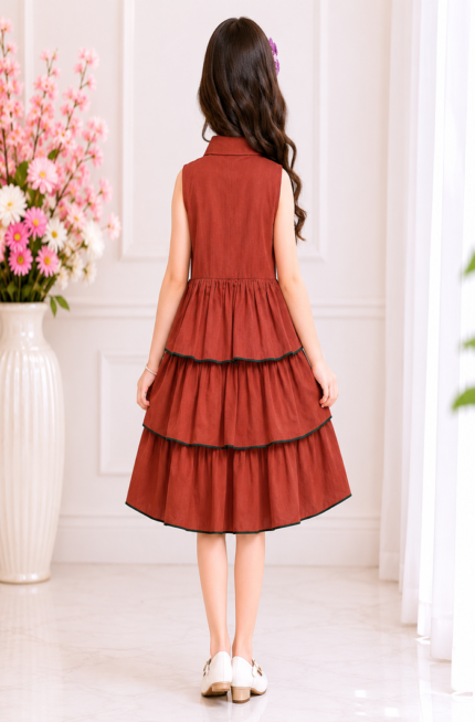 Rustic Brown Elephant Embroidered Tiered Frill Frock for Girls | Pure Cotton