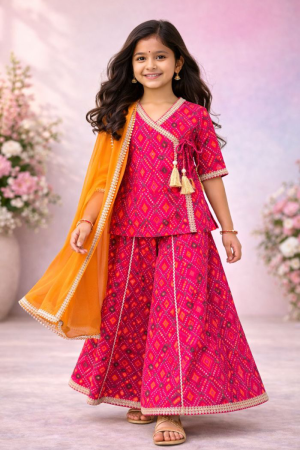 Girls Angrakha Kurti Palazzo with Dupatta Set